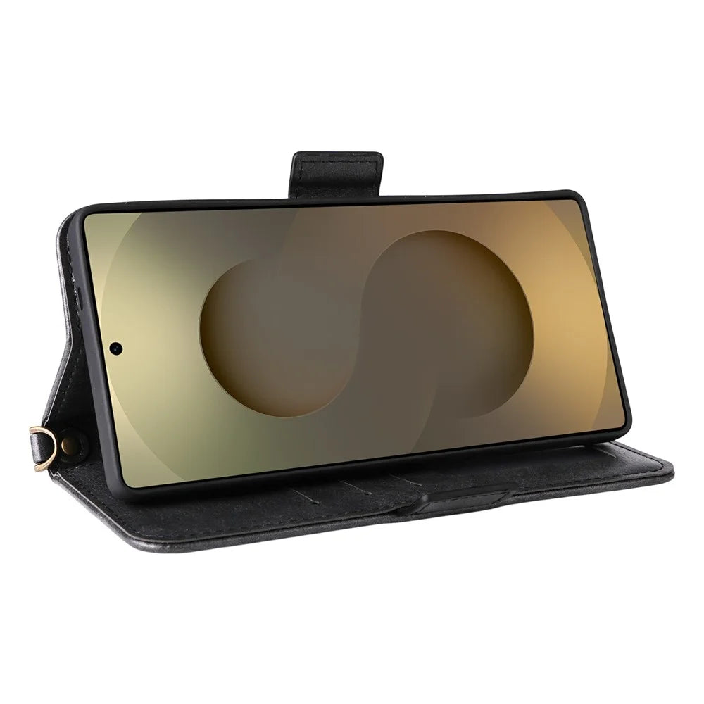 For Samsung Galaxy S26 Ultra Leather Case Magnetic Closure Wallet Stand Phone Cover with Crossbody Strap - Black - 3