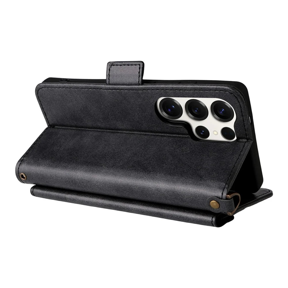 For Samsung Galaxy S26 Ultra Leather Case Magnetic Closure Wallet Stand Phone Cover with Crossbody Strap - Black - 4