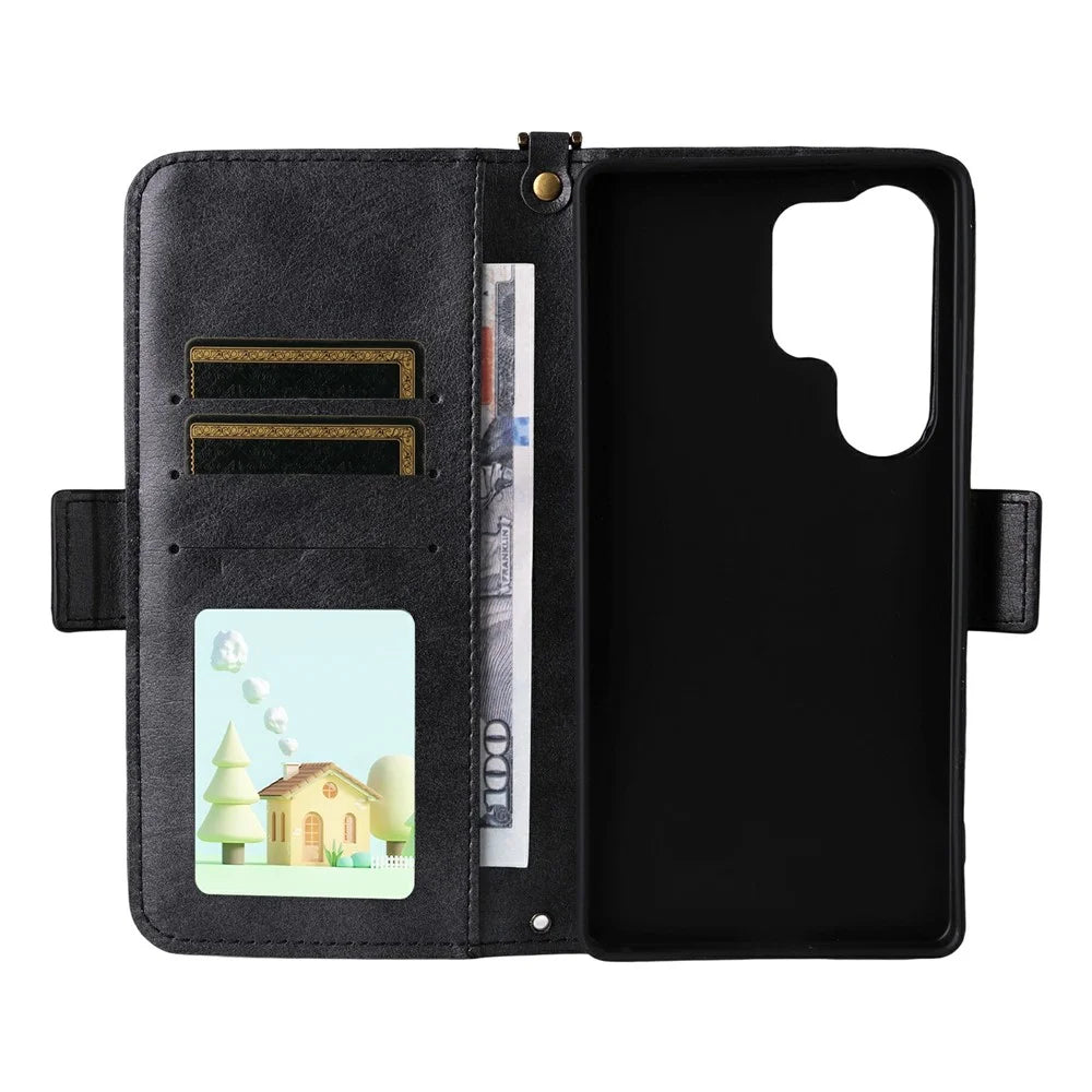 For Samsung Galaxy S26 Ultra Leather Case Magnetic Closure Wallet Stand Phone Cover with Crossbody Strap - Black - 7