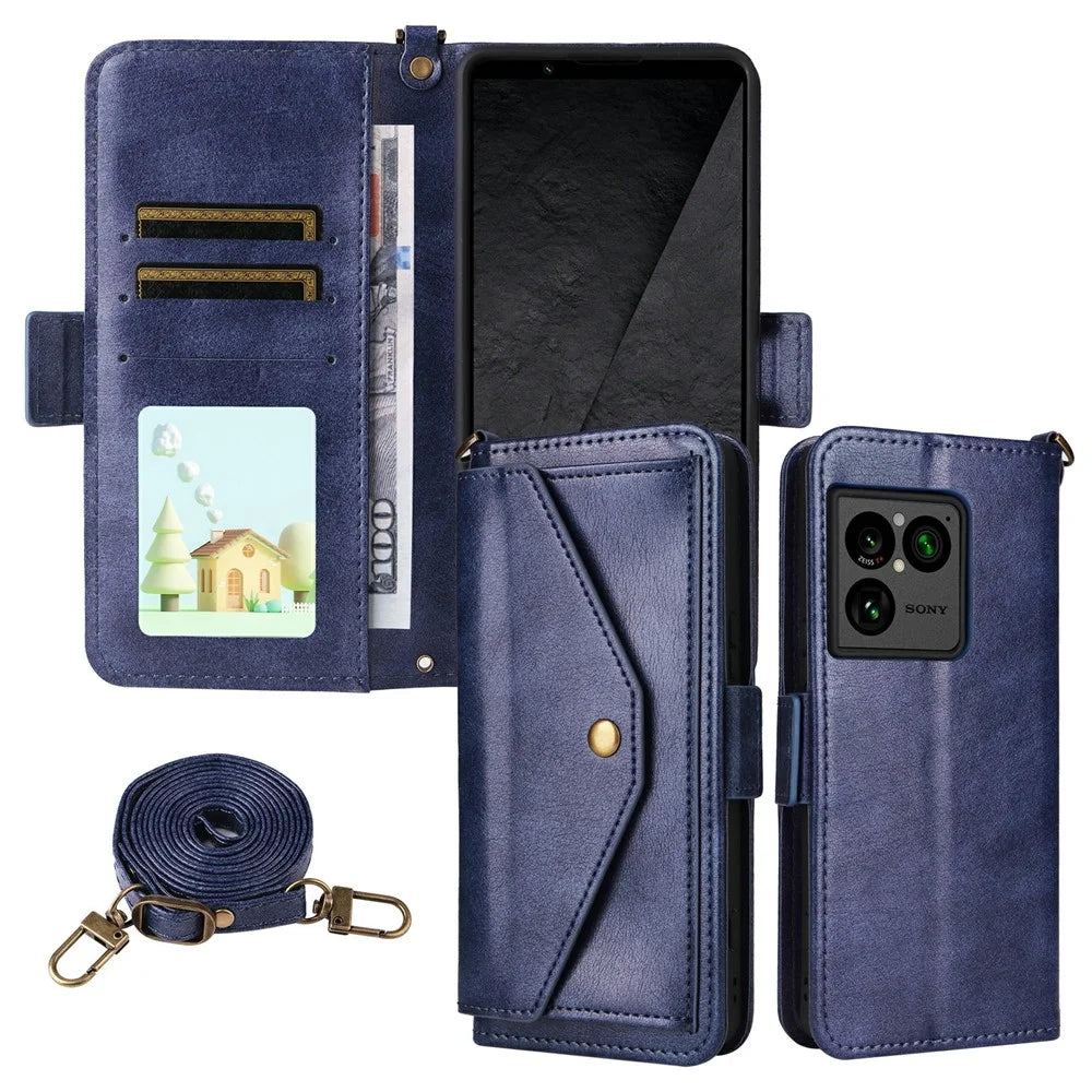 For Sony Xperia 1 VIII Leather Case Magnetic Closure Wallet Stand Phone Cover with Crossbody Strap - Blue - 1