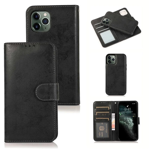 For iPhone 16 Pro Max Wallet Case Retro Matte Magnetic Detachable PU Leather TPU Phone Cover - Black - 1
