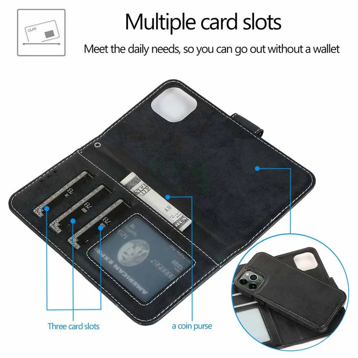 For iPhone 16 Pro Max Wallet Case Retro Matte Magnetic Detachable PU Leather TPU Phone Cover - Black - 2