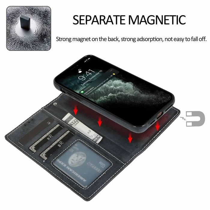 For iPhone 15 Pro Max Wallet Case Retro Matte Magnetic Detachable PU Leather TPU Phone Cover - Black - 3