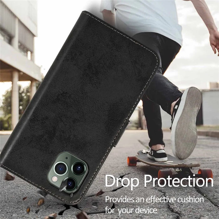 For iPhone 15 Pro Max Wallet Case Retro Matte Magnetic Detachable PU Leather TPU Phone Cover - Black - 4