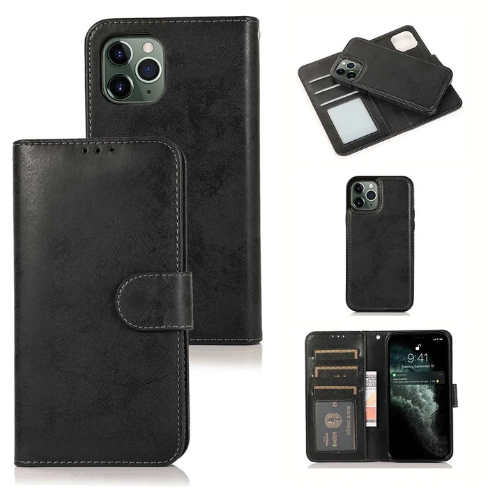 For iPhone 13 Pro Max Wallet Case Retro Matte Magnetic Detachable PU Leather TPU Phone Cover - Black - 1