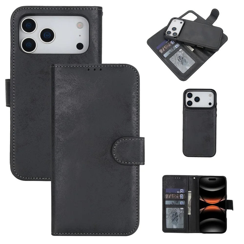 For iPhone 17 Pro Max Wallet Case Retro Matte Magnetic Detachable PU Leather TPU Phone Cover - Black - 1