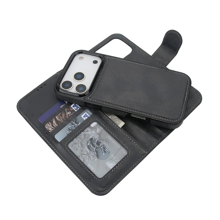 For iPhone 17 Pro Max Wallet Case Retro Matte Magnetic Detachable PU Leather TPU Phone Cover - Black - 4