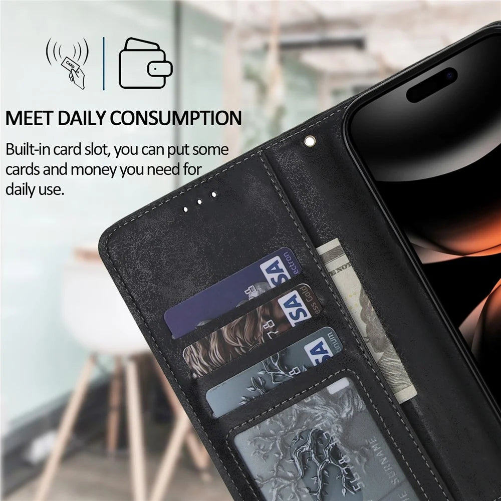For iPhone 17 Pro Wallet Case Retro Matte Magnetic Detachable PU Leather TPU Phone Cover - Black - 5