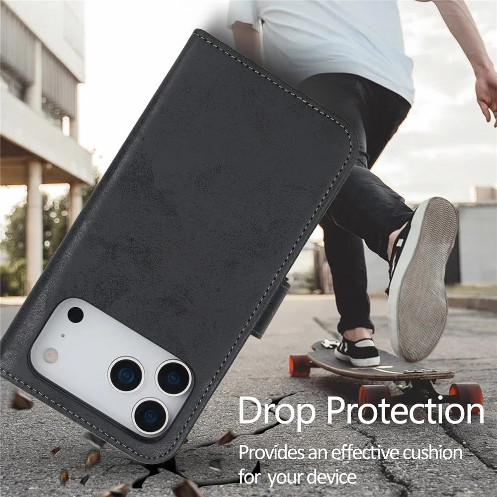 For iPhone 17 Pro Wallet Case Retro Matte Magnetic Detachable PU Leather TPU Phone Cover - Black - 6