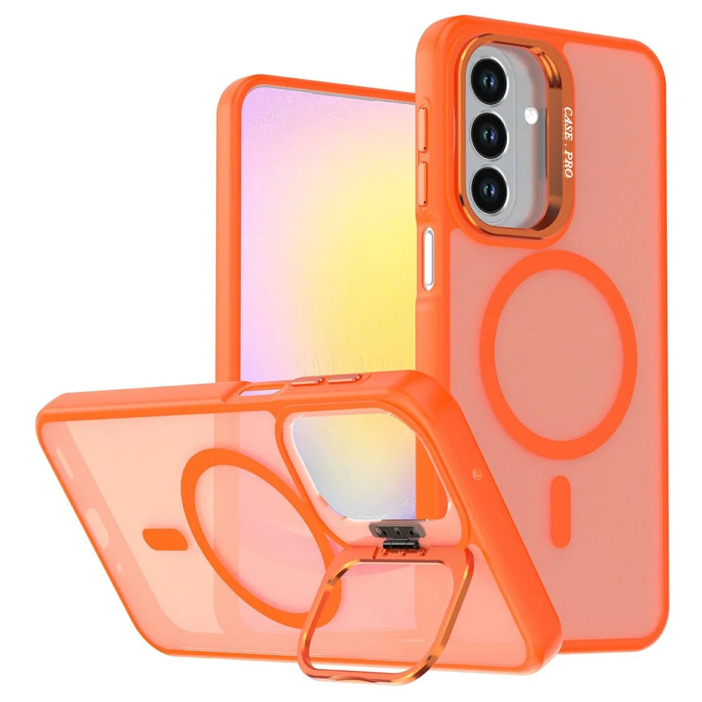 For Samsung Galaxy A27 5G Magnetic Case Foldable Kickstand Matte PC + TPU Phone Cover - Orange - 1