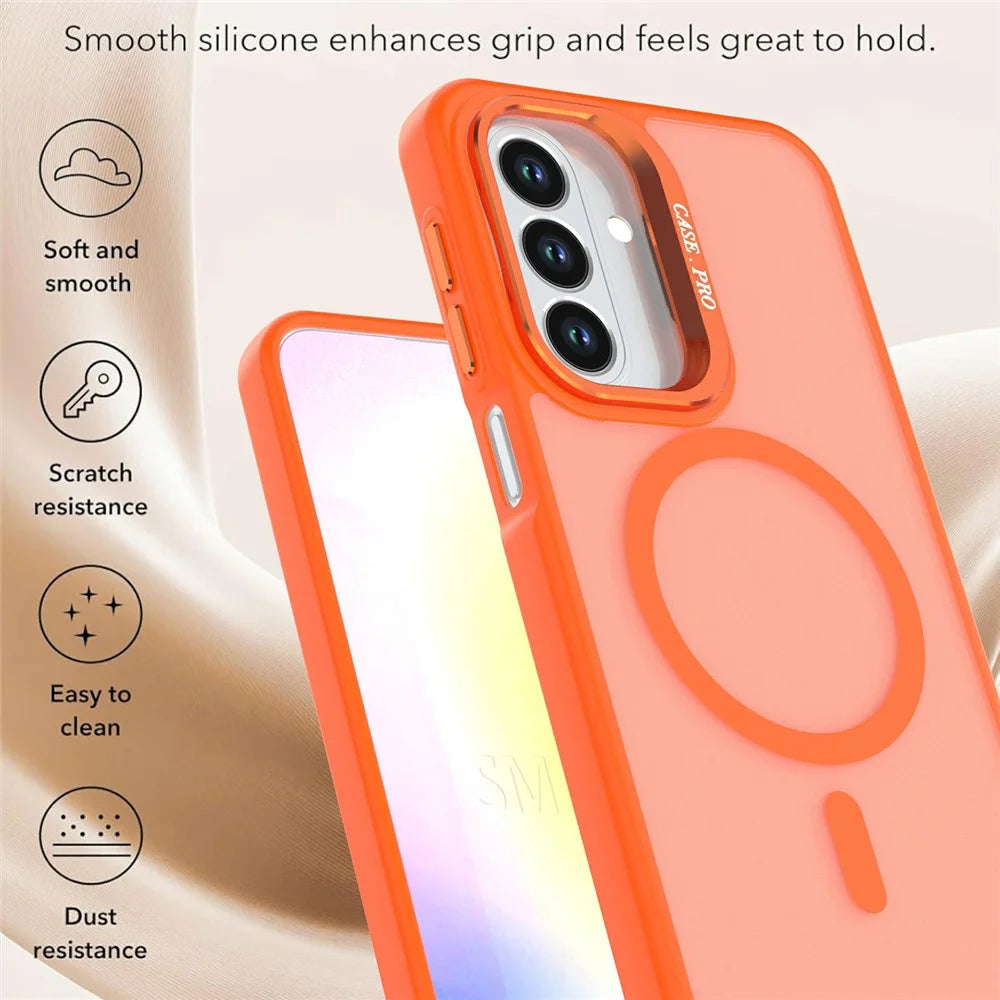 For Samsung Galaxy A27 5G Magnetic Case Foldable Kickstand Matte PC + TPU Phone Cover - Orange - 2