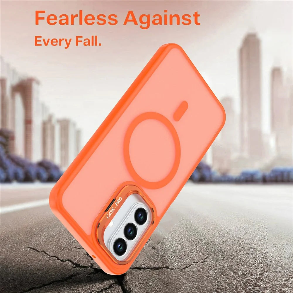 For Samsung Galaxy A27 5G Magnetic Case Foldable Kickstand Matte PC + TPU Phone Cover - Orange - 4