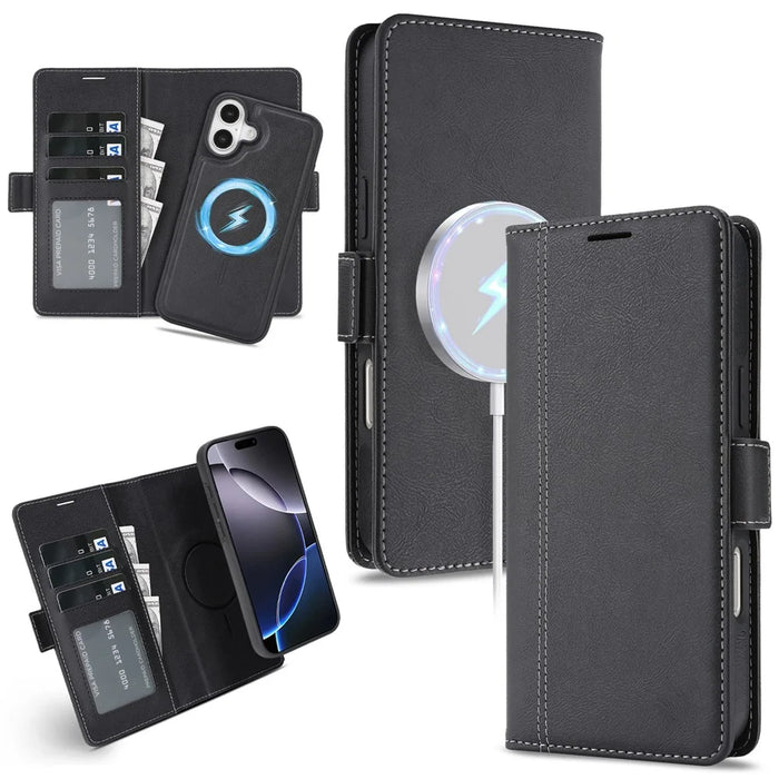 For iPhone 16 Plus Magnetic Case Detachable 2 in 1 Leather Wallet Phone Cover - Black - 1