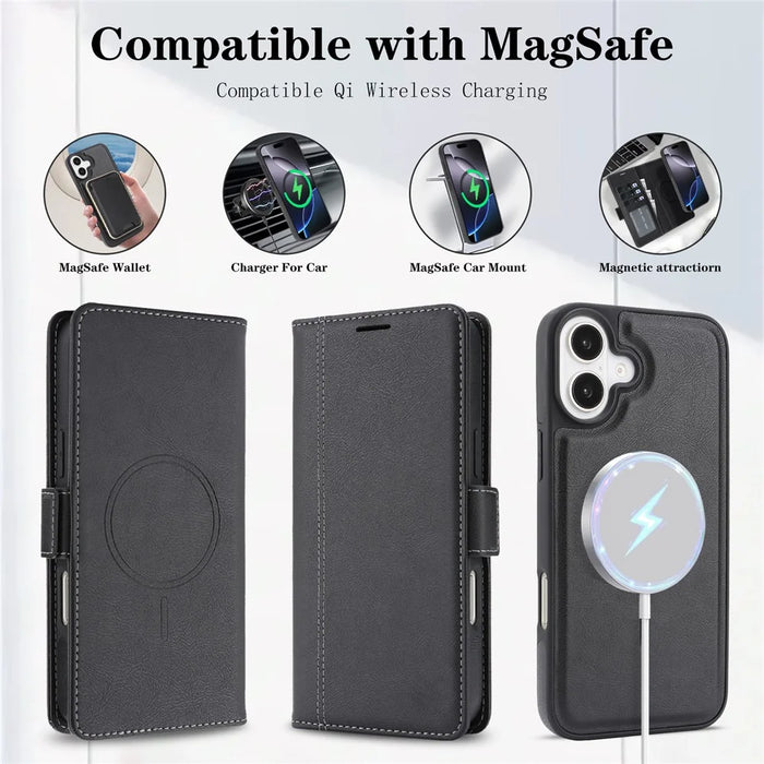 For iPhone 16 Plus Magnetic Case Detachable 2 in 1 Leather Wallet Phone Cover - Black - 5