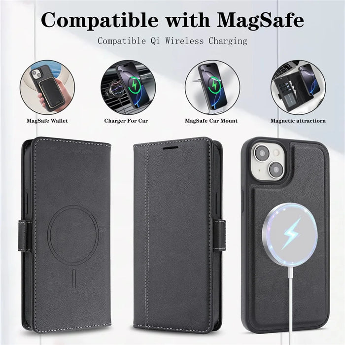 For iPhone 15 Plus Magnetic Case Detachable 2 in 1 Leather Wallet Phone Cover - Black - 5