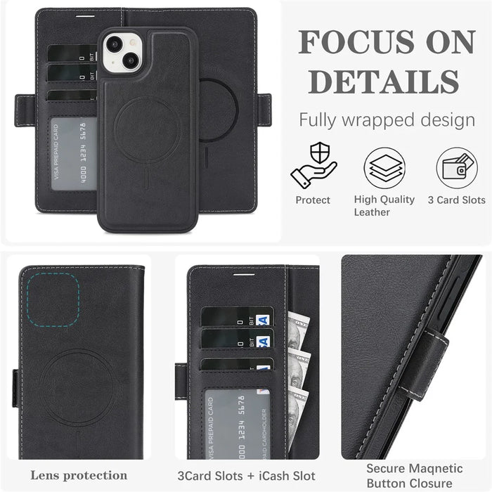 For iPhone 15 Plus Magnetic Case Detachable 2 in 1 Leather Wallet Phone Cover - Black - 6