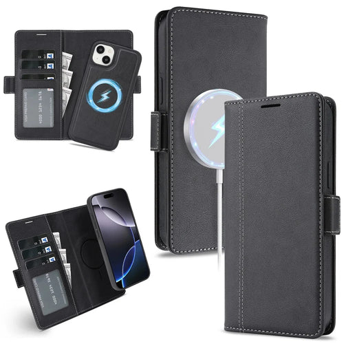 For iPhone 14 Plus Magnetic Case Detachable 2 in 1 Leather Wallet Phone Cover - Black - 1