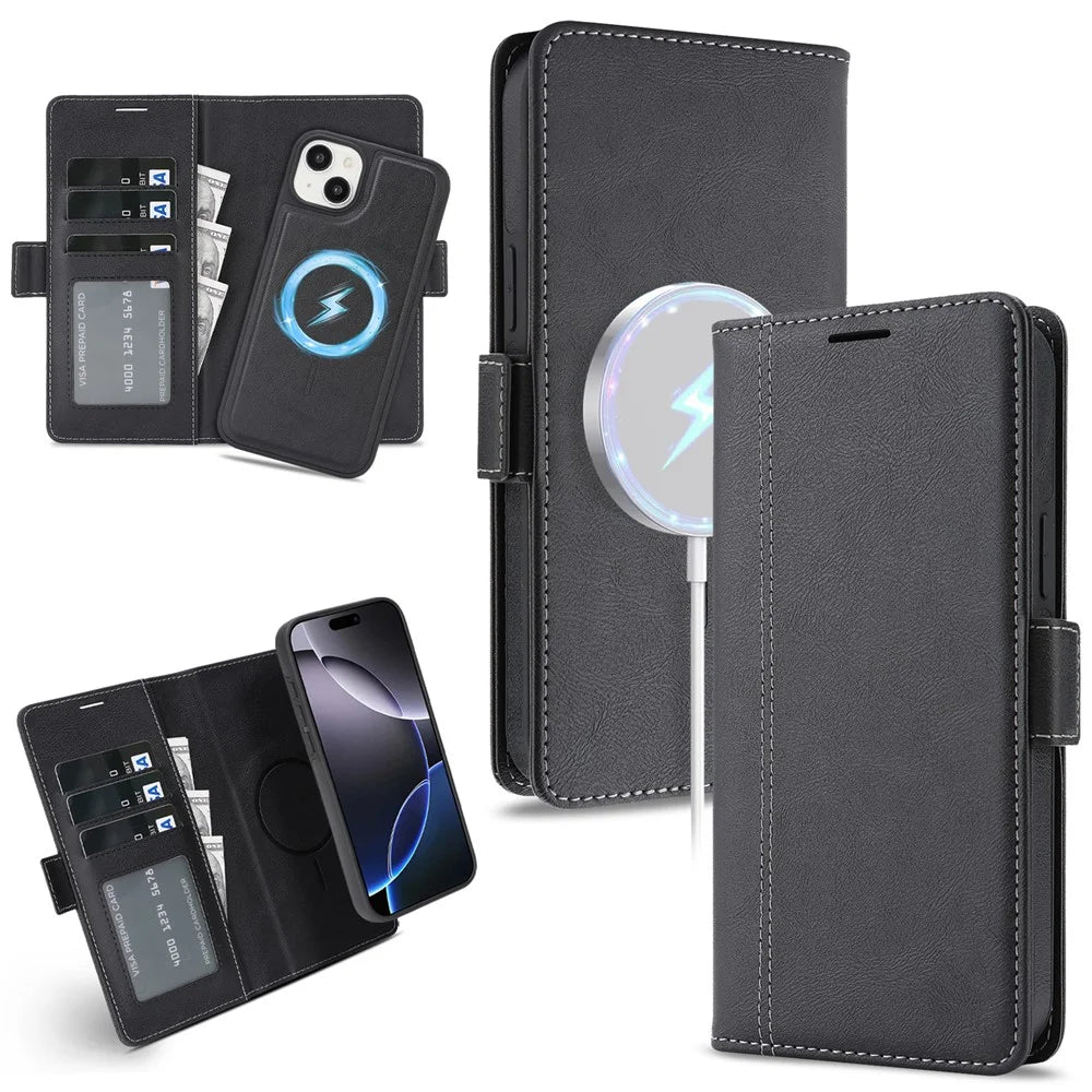 For iPhone 14 Plus Magnetic Case Detachable 2 in 1 Leather Wallet Phone Cover - Black - 1