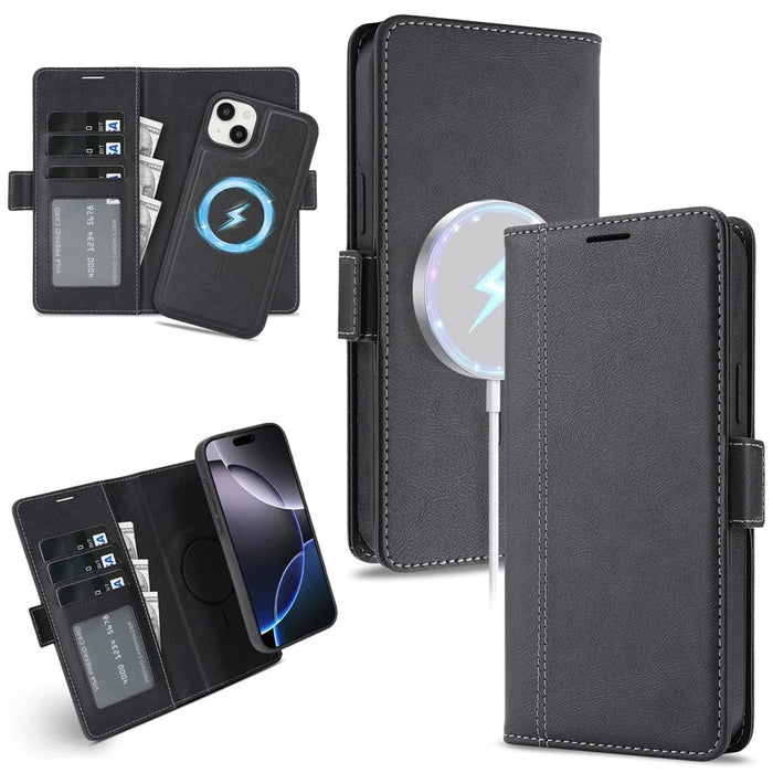 For iPhone 14 Plus Magnetic Case Detachable 2 in 1 Leather Wallet Phone Cover - Black - 1