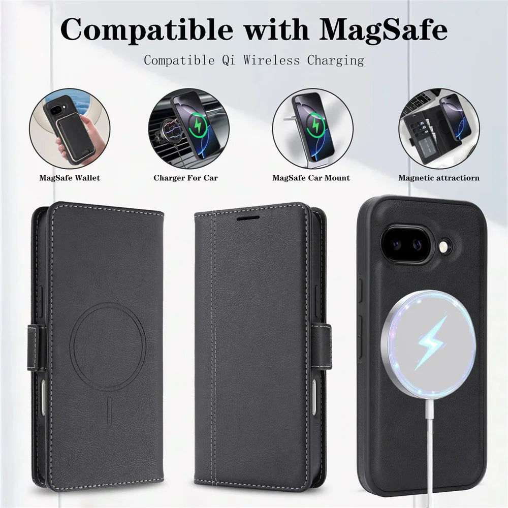 For Google Pixel 9a Magnetic Case Detachable 2 in 1 Leather Wallet Phone Cover - Black - 5