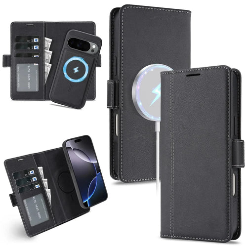 Magnetic Case For Google Pixel 10 / Pixel 10 Pro / Pixel 9 / Pixel 9 Pro Detachable 2 in 1 Leather Wallet Phone Cover - Black - 1