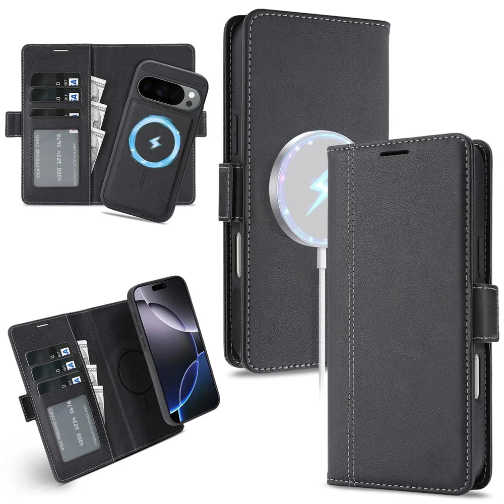 For Google Pixel 10 Pro XL / Pixel 9 Pro XL Magnetic Case Detachable 2 in 1 Leather Wallet Phone Cover - Black - 1