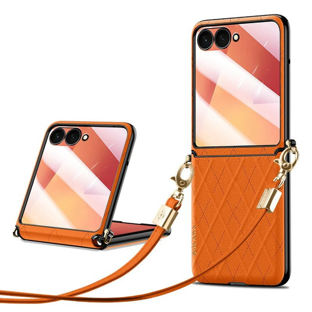 SULADA For Samsung	Galaxy Z Flip8 Case Rhombus Leather+PC Phone Cover with Shoulder Strap - Orange - 1