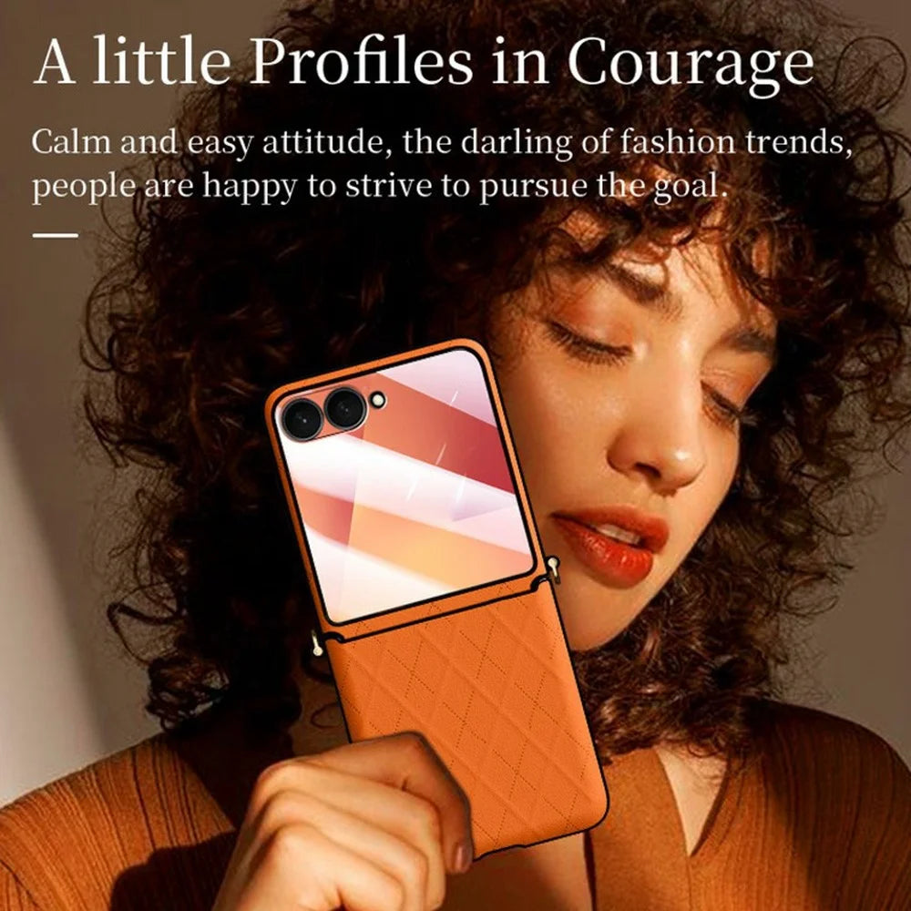 SULADA For Samsung	Galaxy Z Flip8 Case Rhombus Leather+PC Phone Cover with Shoulder Strap - Orange - 2