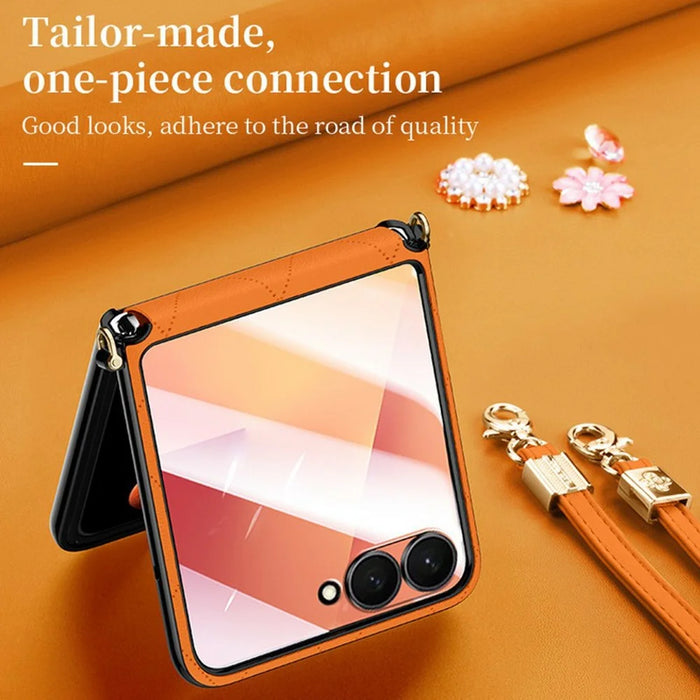 SULADA For Samsung	Galaxy Z Flip8 Case Rhombus Leather+PC Phone Cover with Shoulder Strap - Orange - 3