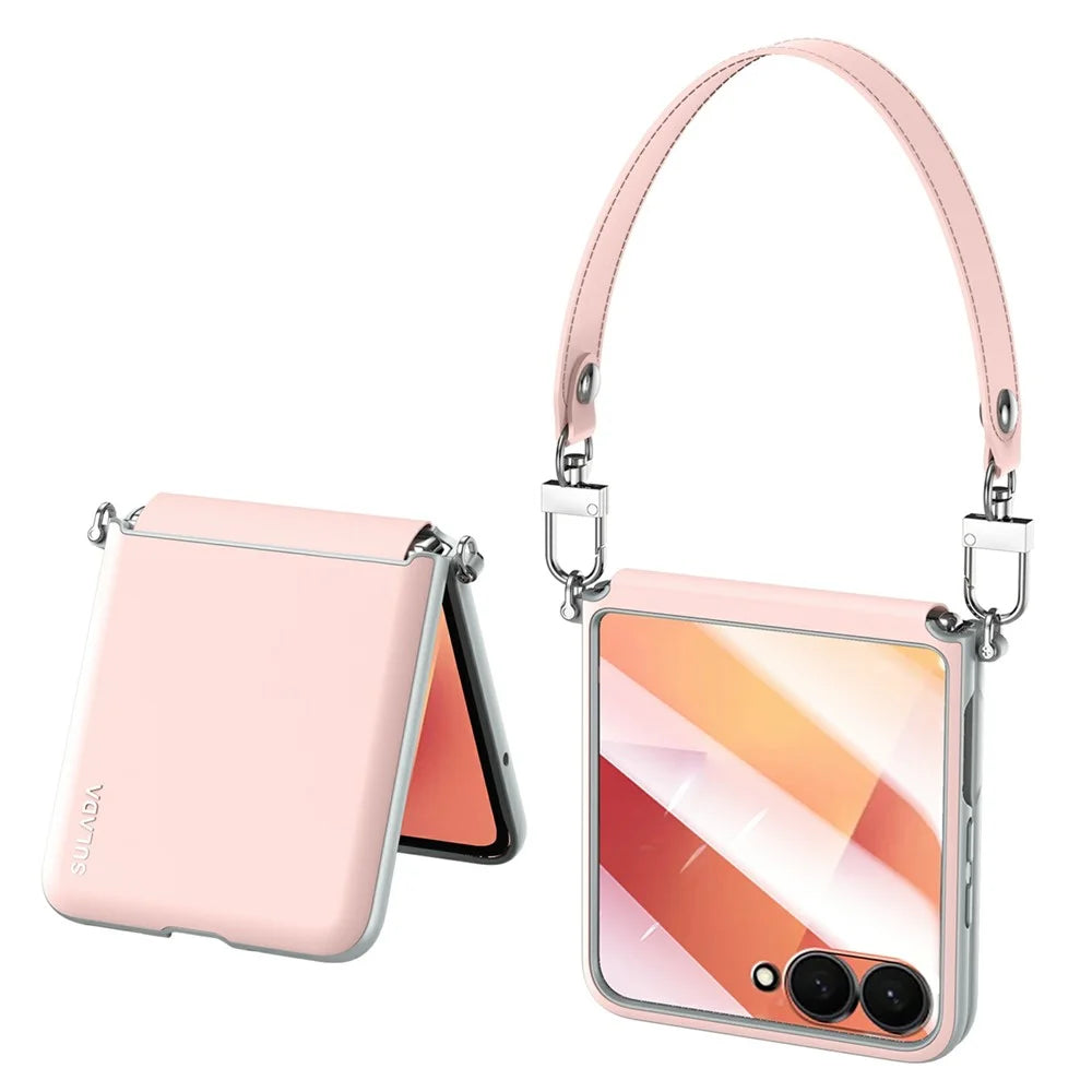 SULADA For Samsung	Galaxy Z Flip8 Case with Strap Leather Back Phone Cover Hinge Protection - Pink - 1
