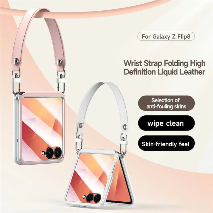 SULADA For Samsung	Galaxy Z Flip8 Case with Strap Leather Back Phone Cover Hinge Protection - Pink - 2
