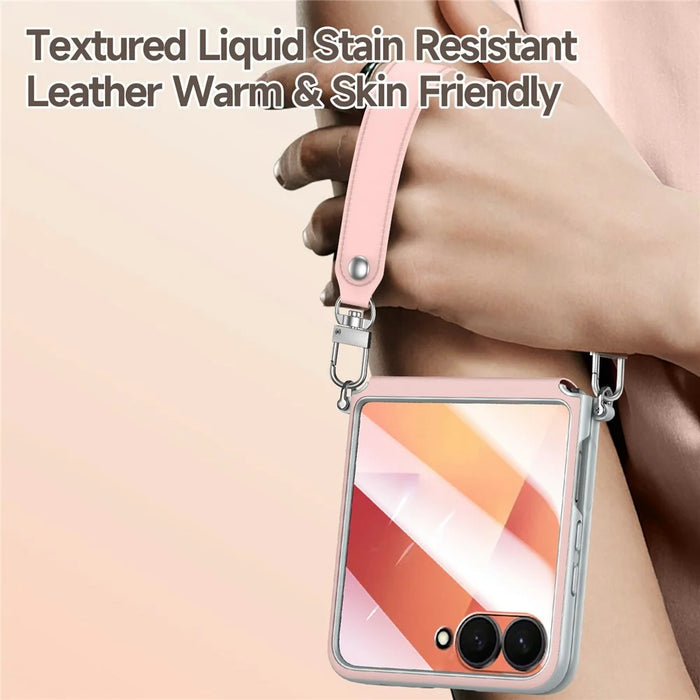 SULADA For Samsung	Galaxy Z Flip8 Case with Strap Leather Back Phone Cover Hinge Protection - Pink - 3