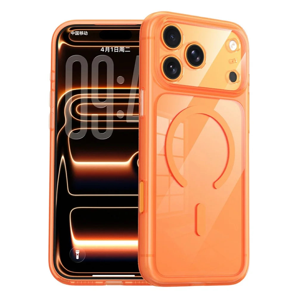 For iPhone 17 Pro Magnetic Case Clear Shockproof Anti-Scratch PC TPU Phone Cover - Orange - 1