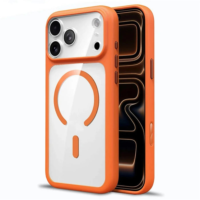 For iPhone 17 Pro Magnetic Case Crystal Clear Acrylic + TPU Scratch-Resistant Back Cover - Orange - 1