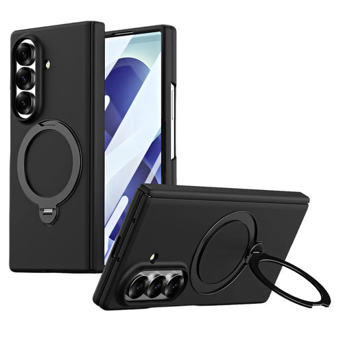For Samsung Galaxy Z Fold7 5G Case Magnetic Rotating Kickstand Hard PC Phone Cover with Tempered Glass Film - Black - 1