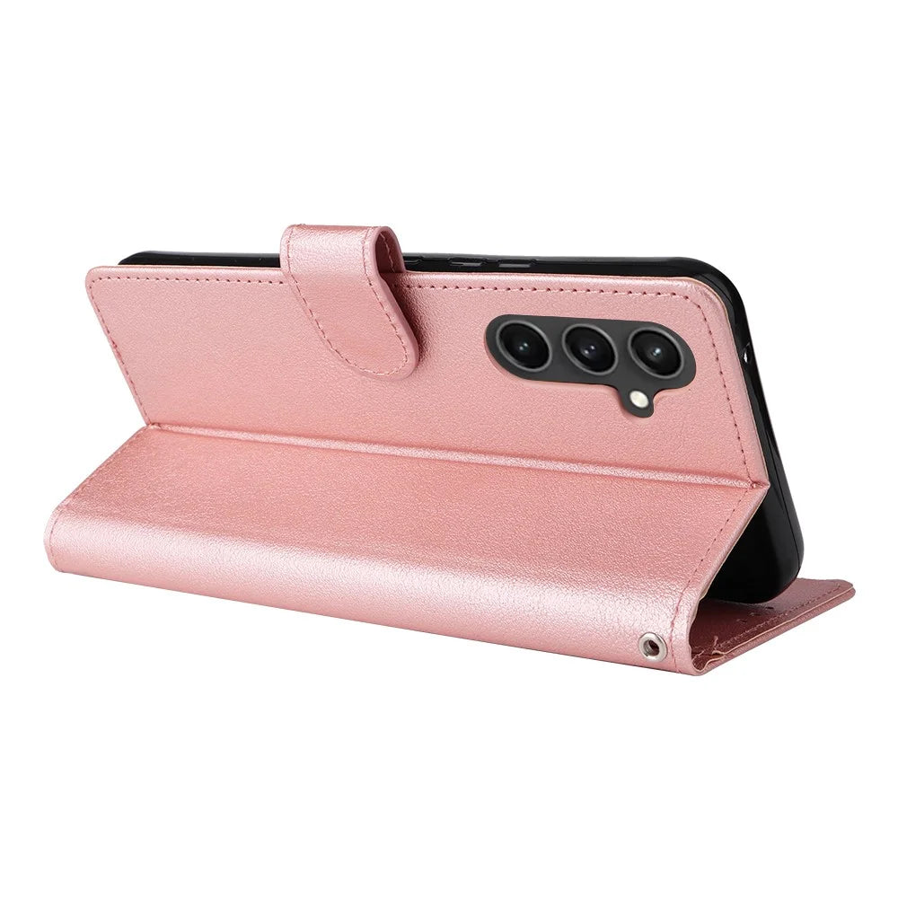 For Samsung Galaxy S26 FE Case PU Leather Wallet Stand Phone Cover with Wrist Strap - Rose Gold - 4