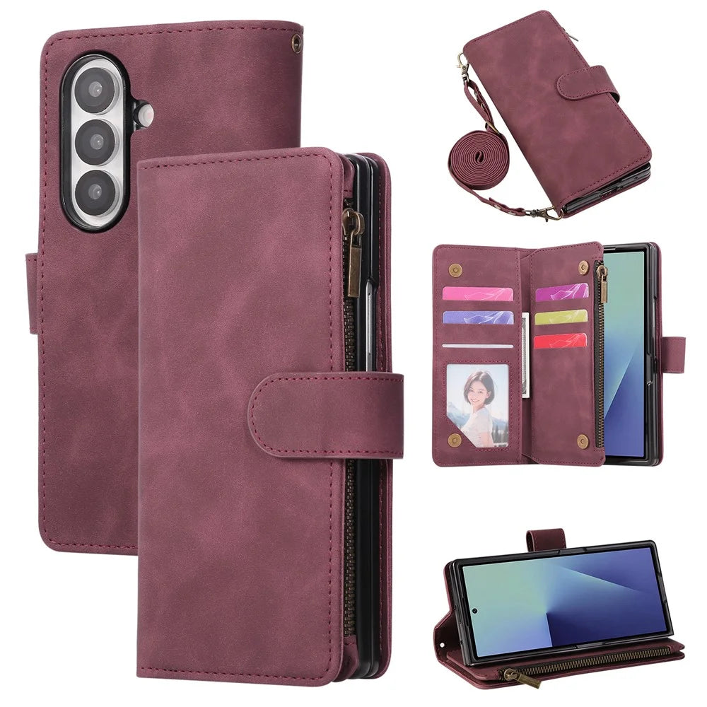 For Samsung Galaxy Z Fold8 Ultra Case Zipper Multi-Pocket Wallet Leather Phone Cover with Shoulder and Wrist Straps - Wine Red - 1