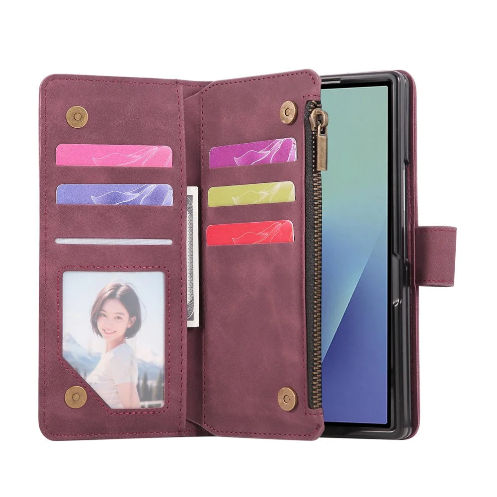 For Samsung Galaxy Z Fold8 Ultra Case Zipper Multi-Pocket Wallet Leather Phone Cover with Shoulder and Wrist Straps - Wine Red - 5