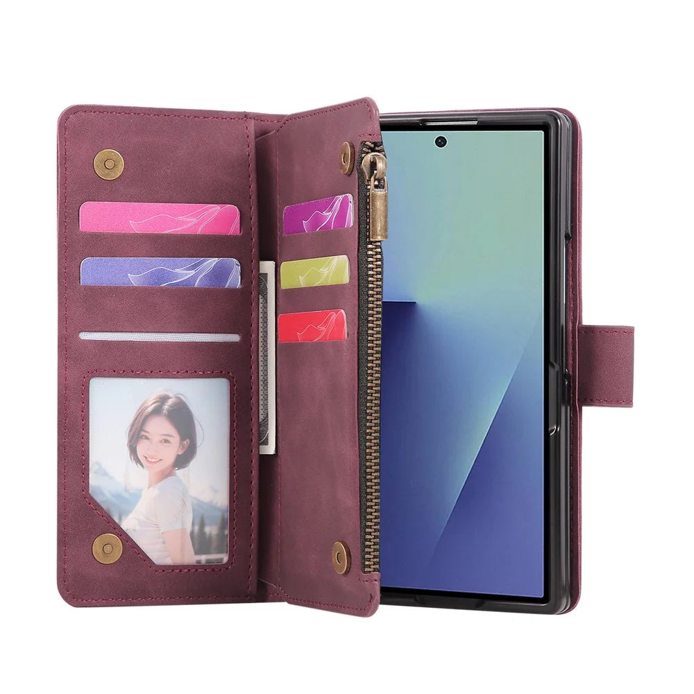 For Samsung Galaxy Z Fold8 Ultra Case Zipper Multi-Pocket Wallet Leather Phone Cover with Shoulder and Wrist Straps - Wine Red - 6