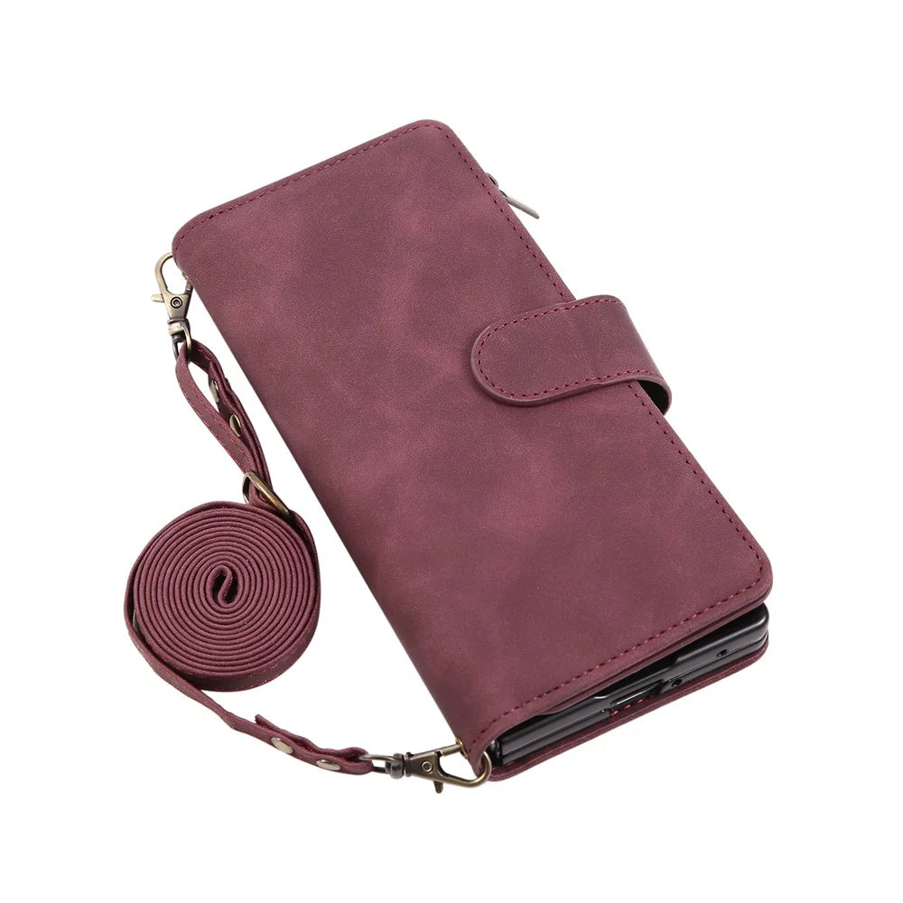 For Samsung Galaxy Z Fold8 Ultra Case Zipper Multi-Pocket Wallet Leather Phone Cover with Shoulder and Wrist Straps - Wine Red - 7