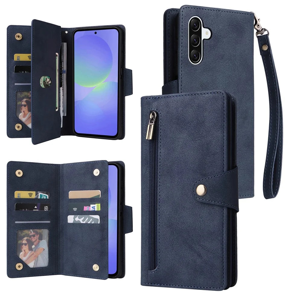 For Samsung Galaxy A27 5G Case Zipper Wallet Rivet Decor Leather Phone Cover with Wrist Strap - Blue - 1
