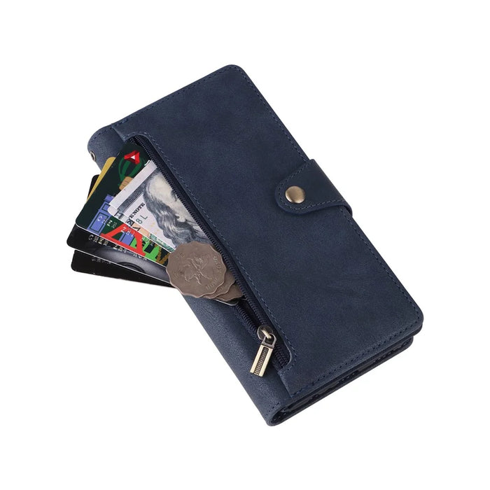 For Samsung Galaxy A27 5G Case Zipper Wallet Rivet Decor Leather Phone Cover with Wrist Strap - Blue - 5