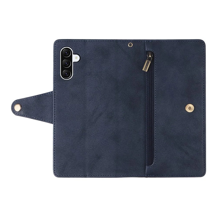 For Samsung Galaxy A27 5G Case Zipper Wallet Rivet Decor Leather Phone Cover with Wrist Strap - Blue - 6