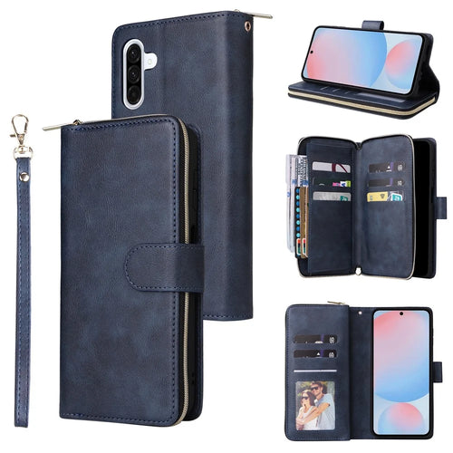For Samsung Galaxy A27 5G Case Zipper Pocket 9 Card Slots PU Leather Phone Cover with Hand Strap - Blue - 1
