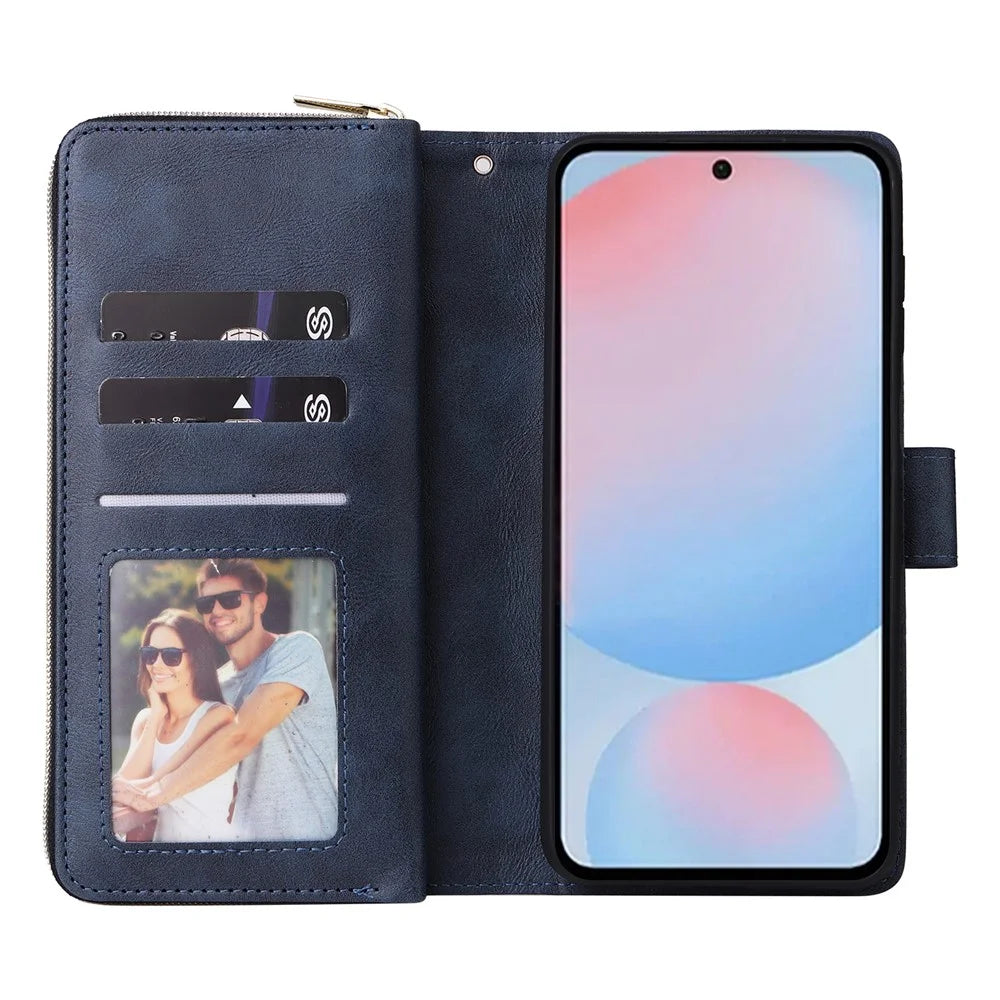 For Samsung Galaxy A27 5G Case Zipper Pocket 9 Card Slots PU Leather Phone Cover with Hand Strap - Blue - 2