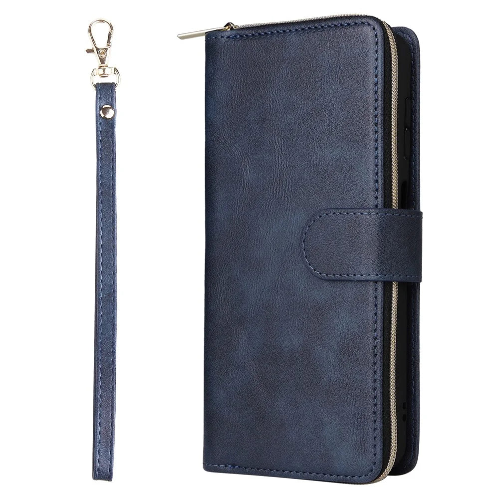 For Samsung Galaxy A27 5G Case Zipper Pocket 9 Card Slots PU Leather Phone Cover with Hand Strap - Blue - 6