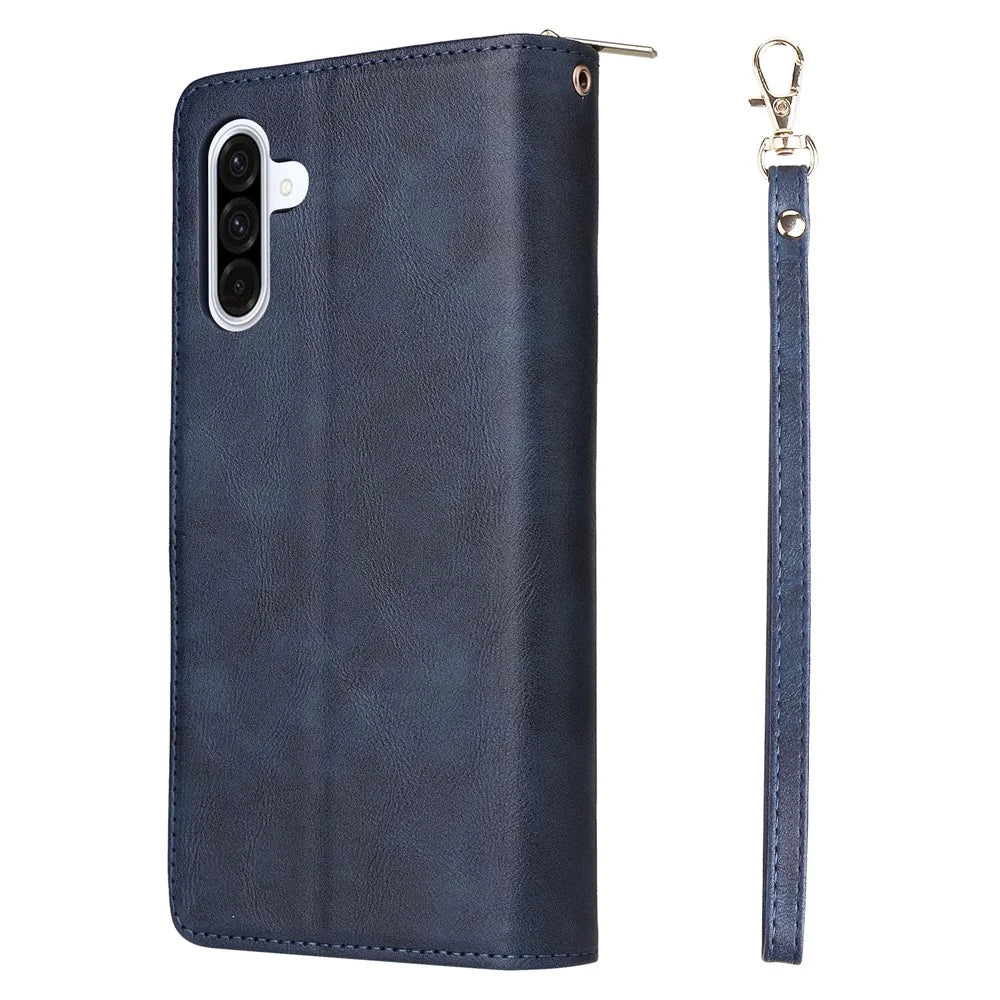 For Samsung Galaxy A27 5G Case Zipper Pocket 9 Card Slots PU Leather Phone Cover with Hand Strap - Blue - 7