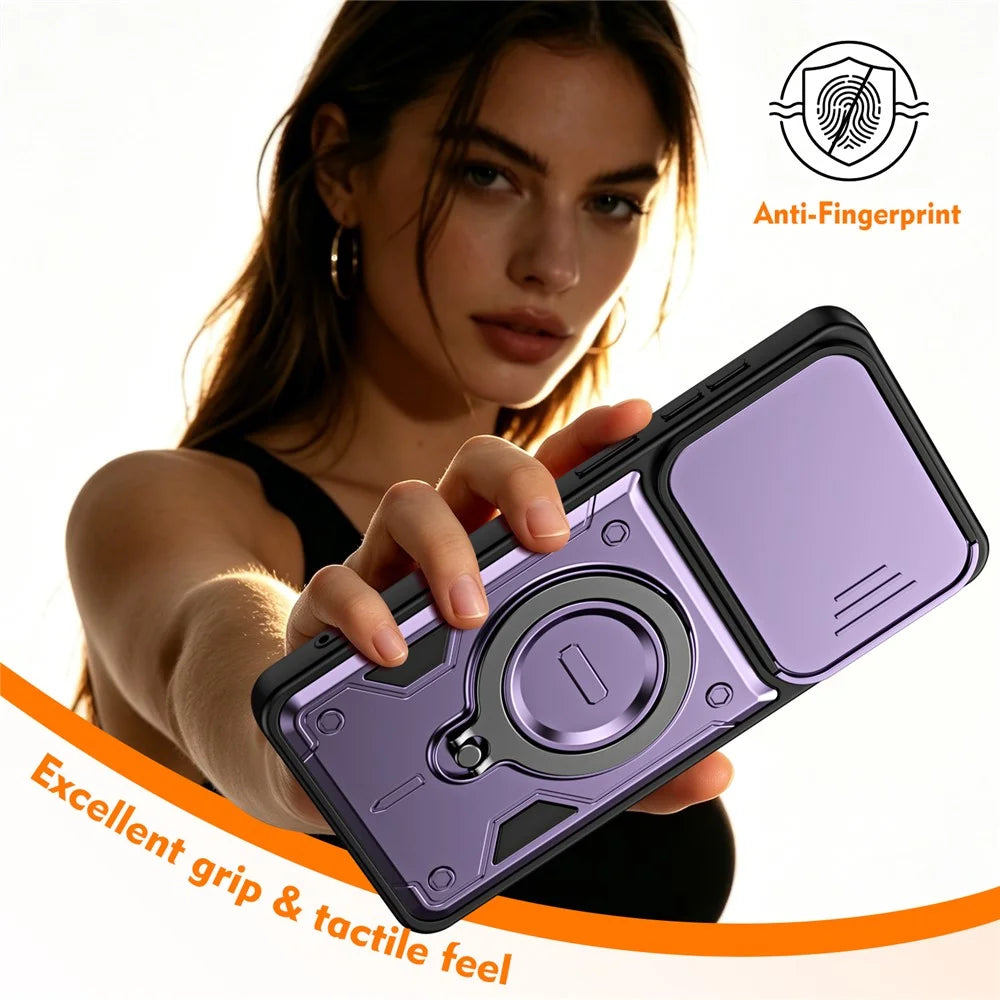 For Samsung Galaxy S26 Case with Slide Lens Cover Rotatable Kickstand Shockproof TPU + PC Phone Shell - Purple - 5