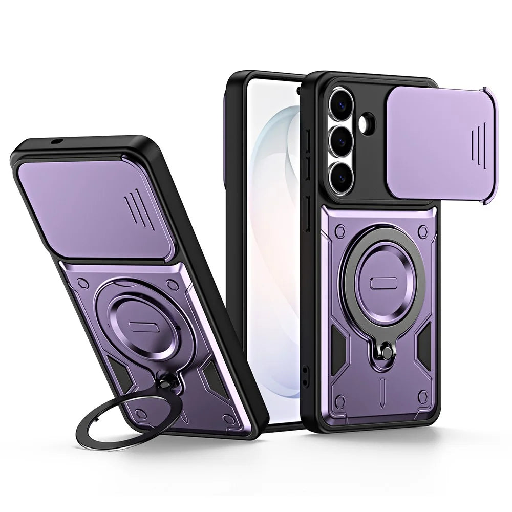 For Samsung Galaxy S26+ Case with Slide Lens Cover Rotatable Kickstand Shockproof TPU + PC Phone Shell - Purple - 1