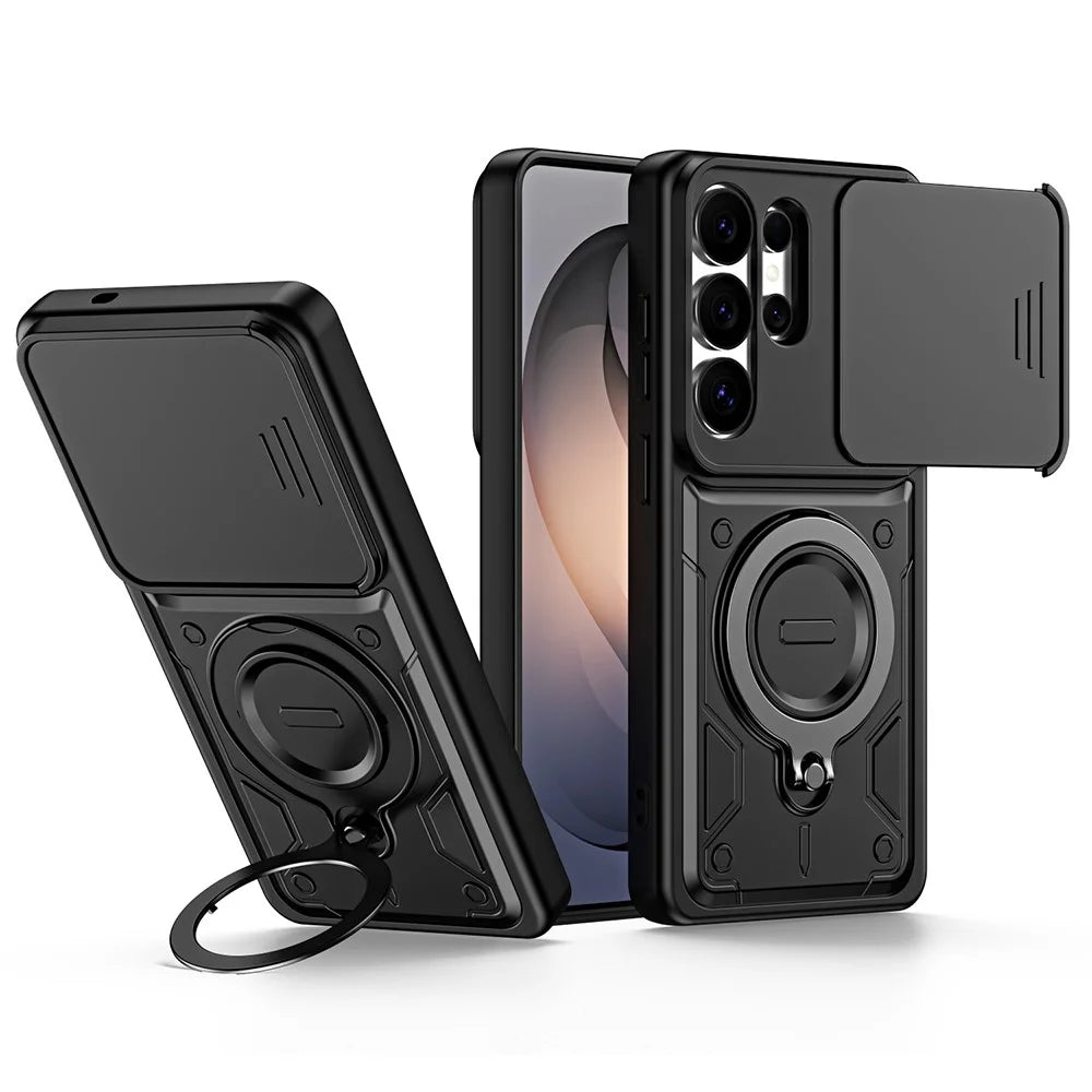 For Samsung Galaxy S26 Ultra Case with Slide Lens Cover Rotatable Kickstand Shockproof TPU + PC Phone Shell - Black - 1